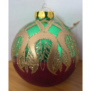 Vintage Green and Red Round Hand Painted Ornament Sold By JCPENNEY